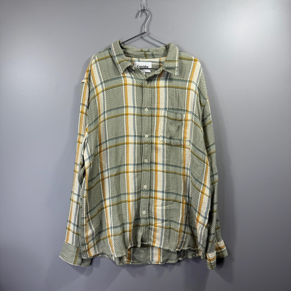 Corridor Shirt Mens 2XL Green Plaid Long Sleeve Button Up Textured Woven Casual